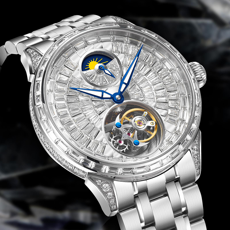 Tourbillon Movement Watch - Мужские часы с бриллиантовым циферблатом, ремень